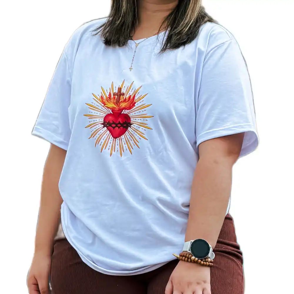 Camiseta Cristiana Mujer Sagrado Corazón Blanca