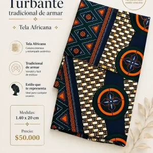 Turbante de Armar Azul Marino con Circulos Naranja — Turbantes Café y miel en Cali