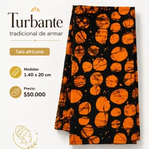 Turbante de Armar Circulos Naranja sobre Negro — Turbantes Café y miel en Cali
