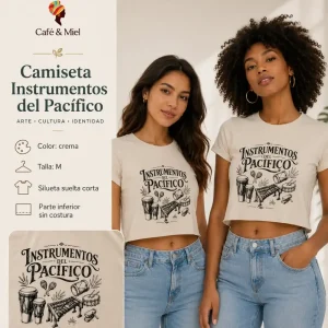 Camiseta Instrumentos del Pacífico Crema Corta — Turbantes Café y miel en Cali